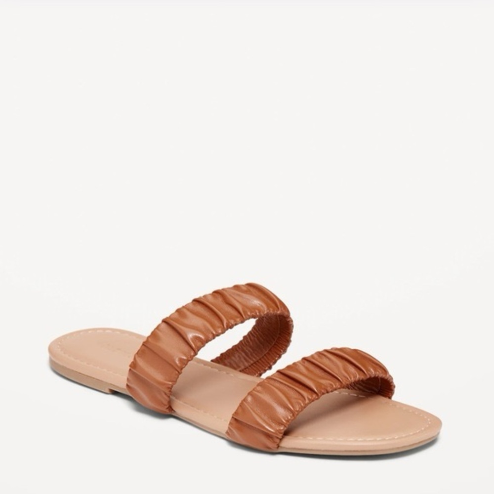 Old Navy Faux-Leather Ruched Double Strap‎ Slide Sandals - Cognac Brown - Size 8